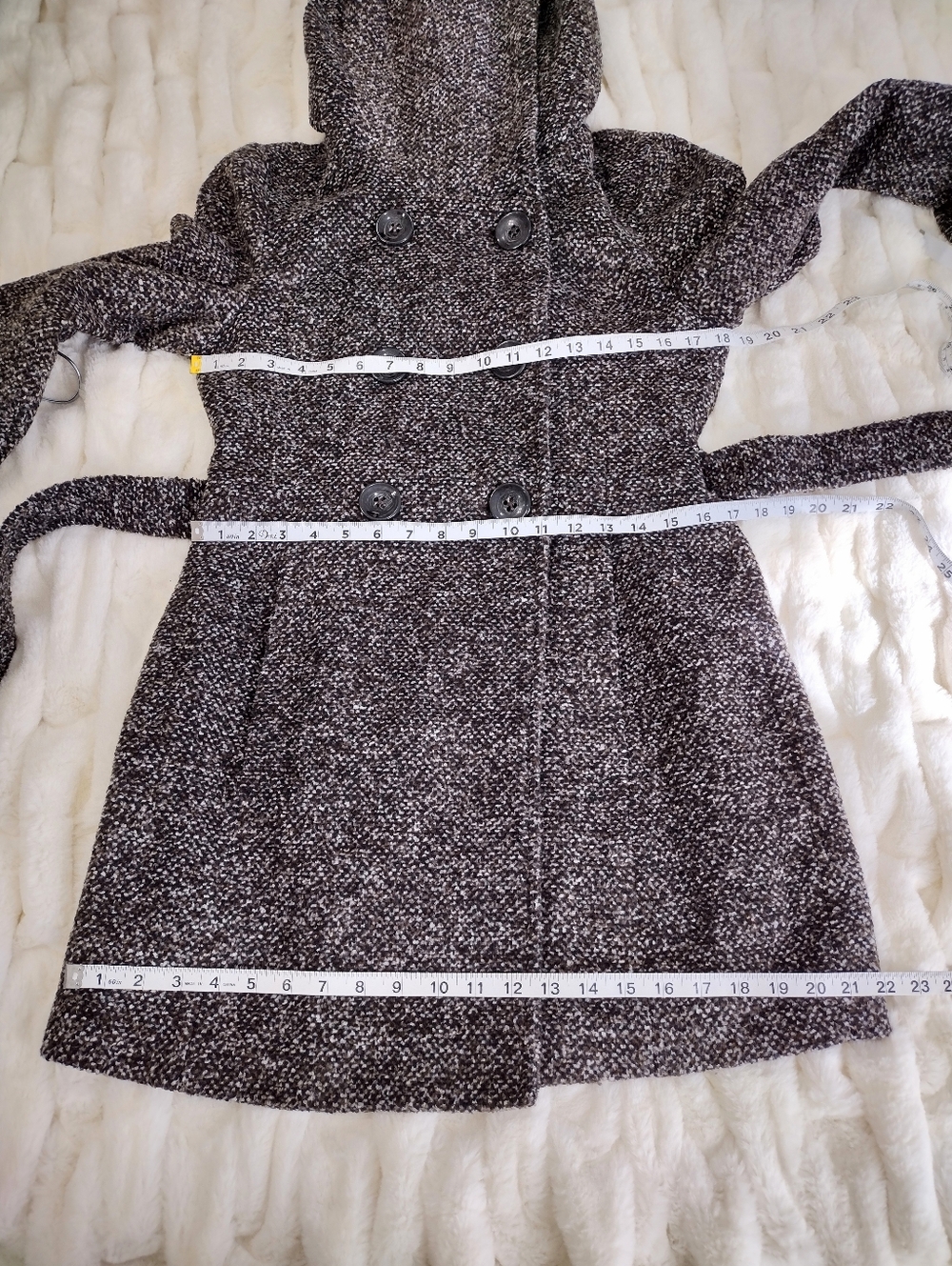Women's Hooded Double-Breasted Wool-Blend Coat -  Brown/Multi Color - Picture 12 of 16